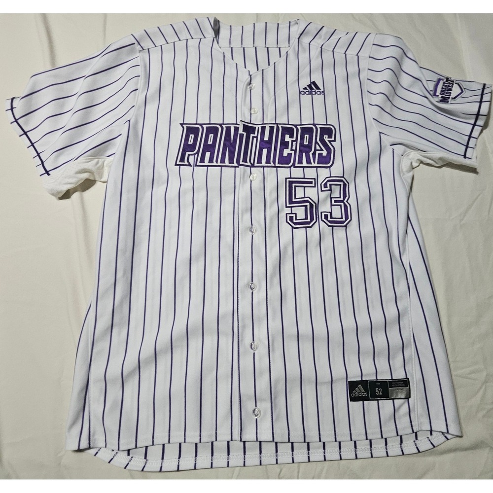 Adidas Baseball Jersey Mens 52 White Purple Pinstripe Panthers 53 Great Midwest